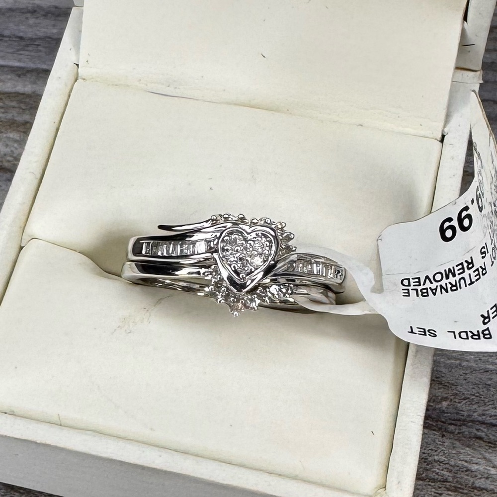1/5 0.2 Carat Total Weight Diamond Heart Bridal Sterling Silver Set Ring Size 7